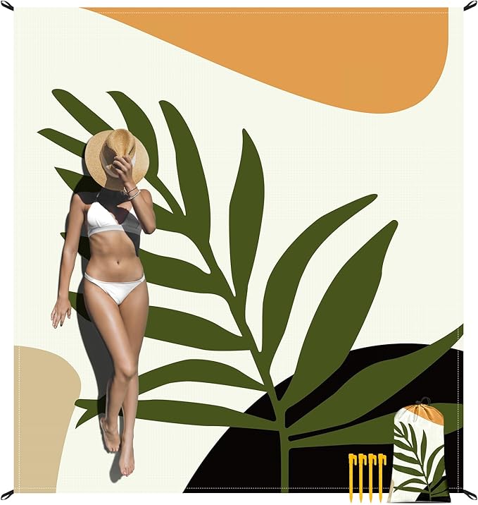 Boho Beach Blanket Waterproof Sandproof, 78''×86'' Large Sand Free Beach Mat with 4 Stakes for 1-4 Adults, Big Compact Lightweight Outdoor Picnic Blanket for Camping, Hiking, Travel