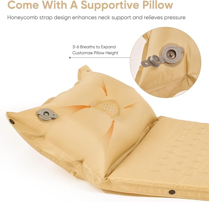 Naturehike Self-Inflating Double Sleeping Pad, Camping Mattress 2 Person, Ultralight Memory Foam Pad with Pillow, Fast Inflating, Patchwork Sleeping Pad for Camping, Hiking, RV Camping, Full, Yellow