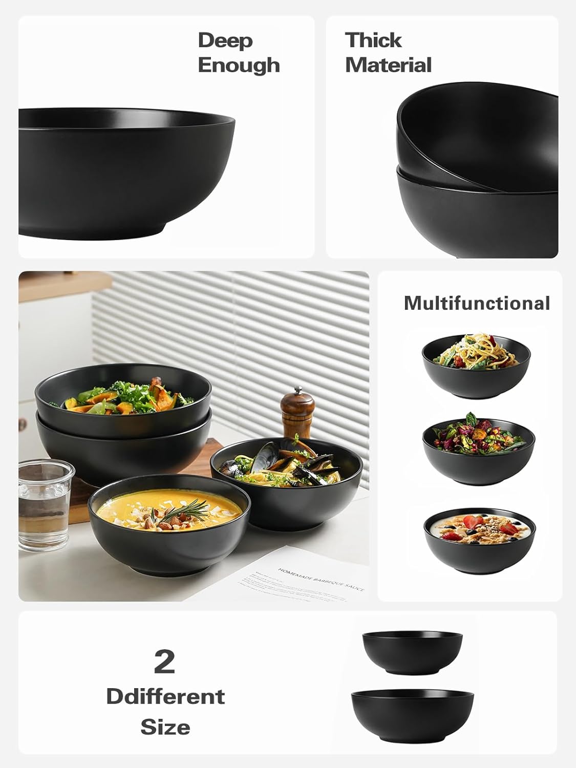 Kanwone Large Serving Bowls - 9.5 inch, 90oz Ceramic Salad Bowls, Fruit Bowls, Pasta, Soup Bowls, Set of 2, Serving Bowls for Entertaining, Microwave and Dishwasher Safe, Matte Black