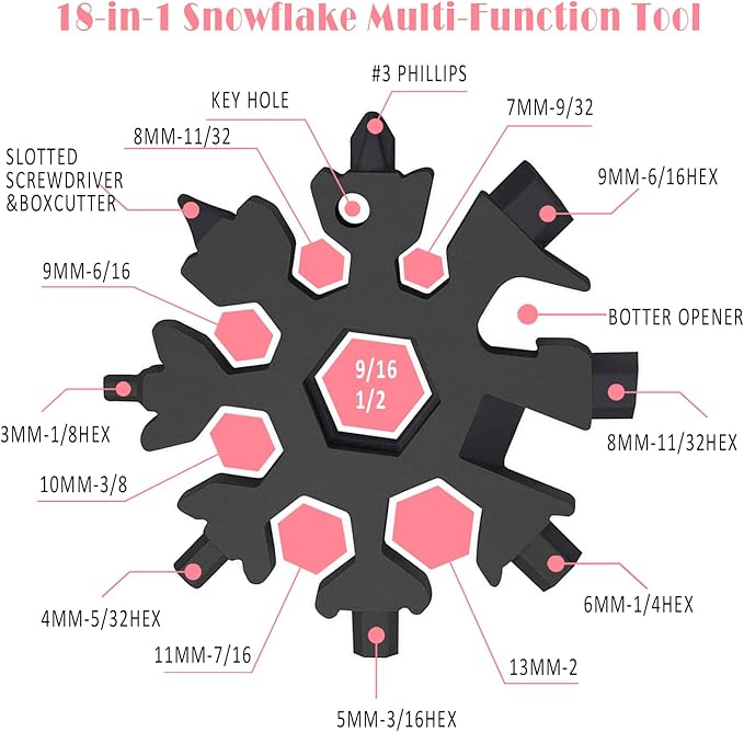 9 Pieces Snowflake Multi Tool Stainless Steel 18-in-1 Snowflake Screwdriver Multitool Bottle Opener Wrench Mens Gifts for Christmas