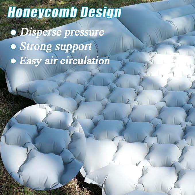Sleeping Pad for Camping, Inflatable Sleeping Mat with Pillow, Camping Pad with Built-in Foot Pump, Lightweight Camping Mattress Pad for Car Camping, Backpacking, Tent and Hiking (Full (Grey))