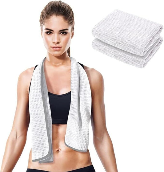 Gym Towels for Sweat 44" x 16.5" (2 Pack) - Absorbent Waffle Fabric Texture Yoga Towel for Gym, Sports, and Exercise - Odor-Free, and Lightweight - for Men and Women - White