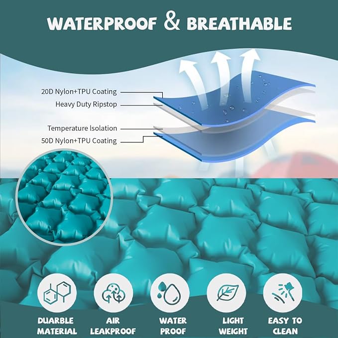 Double Sleeping Pad for Camping, Extra Thickness Inflatable Sleeping Mat with Pillow Built-in Pump, Inflatable & Compact Camping Hiking Traveling