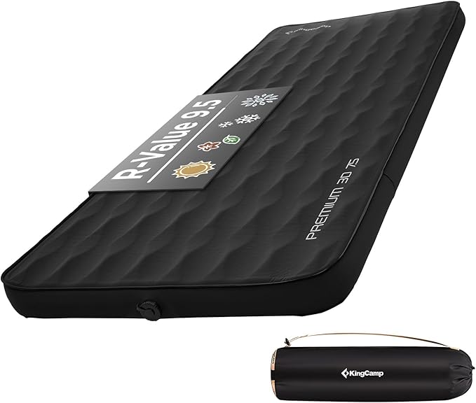 KingCamp Self Inflating Sleeping Pad for Camping Ultra Thick Double Single Foam Mattress High R Value Camping Air Pad Mat, Multi Colors & Sizes (78"x30"x3.0", Black-Single-9.5R)