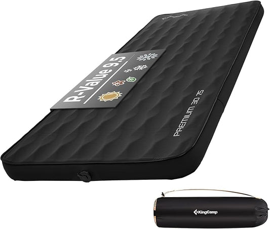 KingCamp Self Inflating Sleeping Pad for Camping Ultra Thick Double Single Foam Mattress High R Value Camping Air Pad Mat, Multi Colors & Sizes (78"x30"x3.0", Black-Single-9.5R)