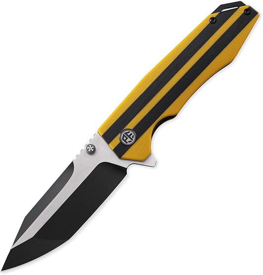 Petrified fish PFP08 Mocado Pocket Knife,3.58" K110 Steel Black Stonewashed Blade, 5.64oz G10 Handle Flipper Liner lock Folding knife (Yellow Black Stonewashed)
