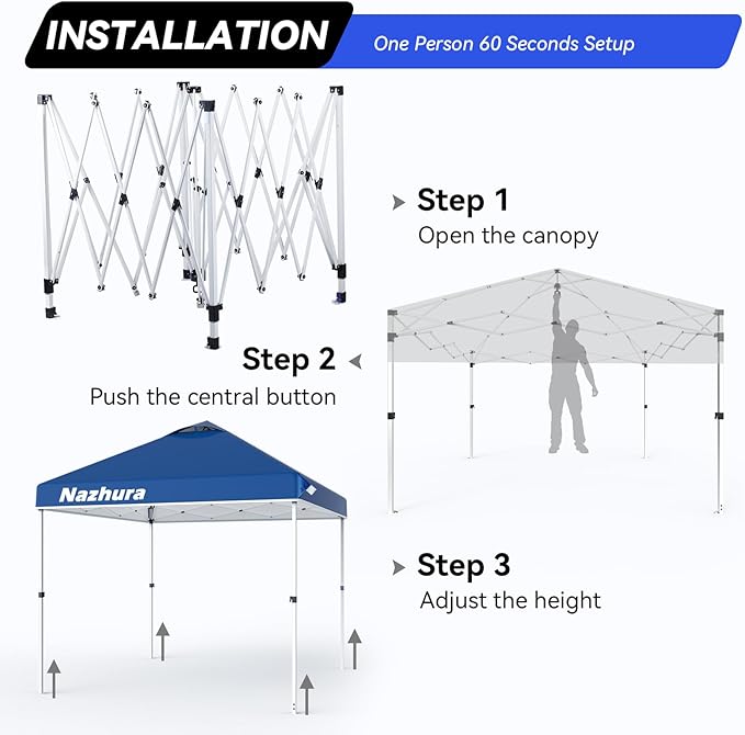 Nazhura 10' x 10' Pop Up Canopy Tent with Sand Weight Bag, Freestanding Sun Shelter for Picnic and Camping, One Person Setup and Height Adjustable (Blue)
