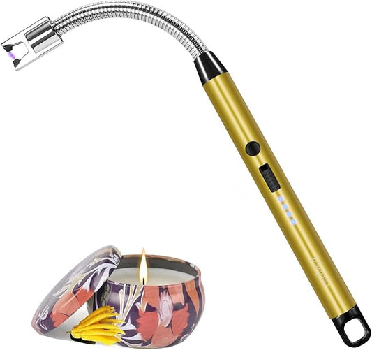 Candle Lighter Electric Lighter Rechargeable Arc Lighter with LED Battery Display360° Flexible Neck Flameless Grill Long Lighters for Light Candles Gas Stoves Camping Barbecue. (Gold)
