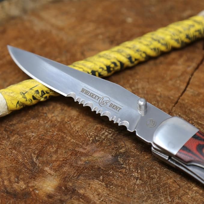 WHISKEY BENT HAT CO. Locking Trapper Folding Pocket Knife 4.125" Closed Length 440C Stainless Steel Blades (Desert Sand - Serrated)