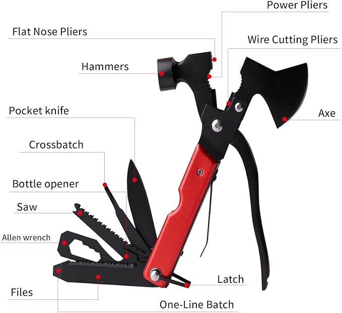 Camping Gear Multitool, Stocking Stuffers for Men 13-in-1 Camping Accessories Multitool Hatchet Camping Tool with Axe Survival Gear for Outdoor Hunting Hiking, Emergency Escape Tool