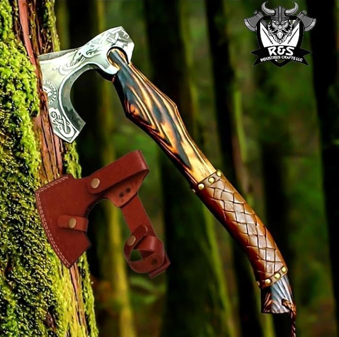 R&S Industries Custom Gift Forged Carbon Steel Viking Axe with Rose Wood Shaft, Viking Bearded Camping Axe, Best Birthday for Him