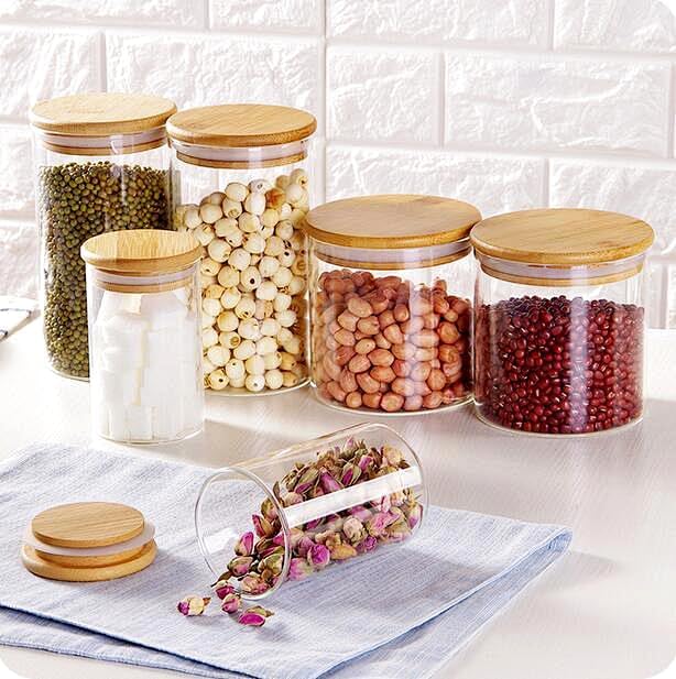 15oz Glass Food Storage Jars, Glass Jars with Bamboo Lids, Kitchen Storage Jars, Set of 6, Canisters with Airtight Lids for Spice, Coffee, Cookie, Pantry Organizers