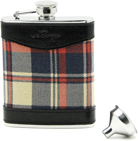 6oz Red Check and Black Leather Wrapped Hip Flask with a Funnel 18/8 Stainless Steel-YM113