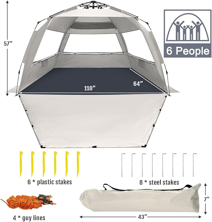 WhiteFang Deluxe Pop Up Beach Tent Sun Shade Shelter for 3-4/5-6 Person, UV Protection, Extendable Floor with 3 Ventilating Windows Plus Carrying Bag, Stakes, and Guy Lines