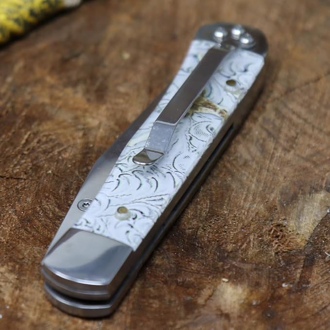 WHISKEY BENT HAT CO. Locking Trapper Folding Pocket Knife 4.125" Closed Length 440C Stainless Steel Blades (Toro - Serrated)