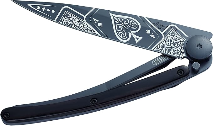 deejo Ultra Lightweight Folding Pocket Knife with Belt Clip - Ebony Wood Version 1.3 oz - Fine, Sharp Blade - Good Luck Pattern - Black Titanium Coating Stainless Steel - Elegant and Modern Design
