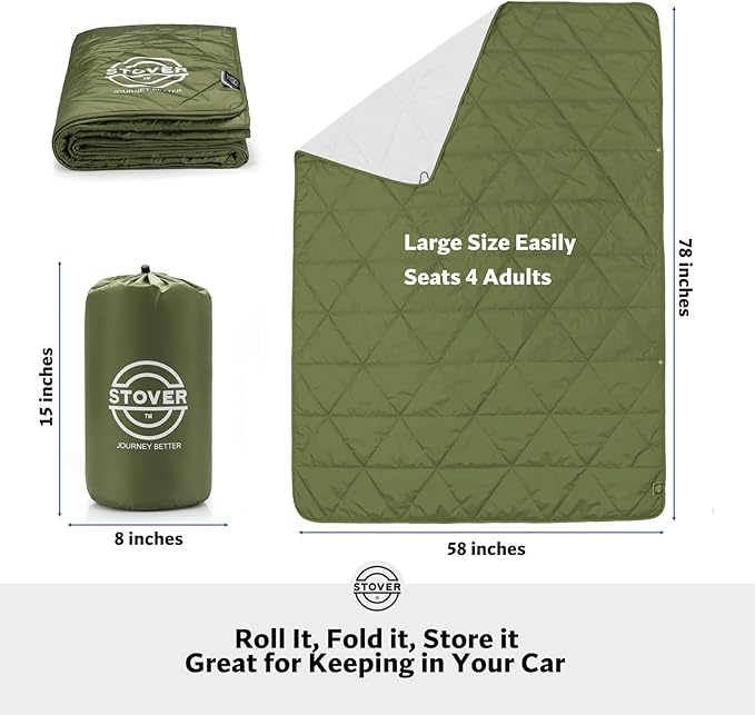STOVER Multipurpose Outdoor Fleece Blanket, Lightweight, Compact, and Warm for Stadium, Camping, Picnics, Beaches - Wearable, Windproof and Water Resistant (Green)