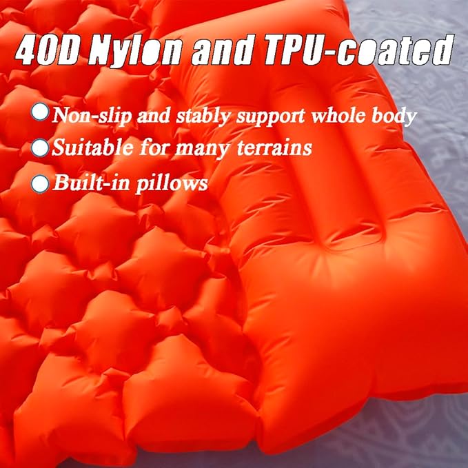Sleeping Pad for Camping, Inflatable Sleeping Mat with Pillow, Camping Pad with Built-in Foot Pump, Lightweight Camping Mattress Pad for Car Camping, Backpacking, Tent and Hiking (Full (Orange))