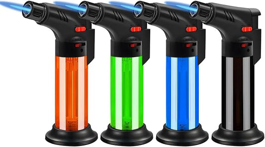 Butane Torch Lighter Set,Candle Lighter Refillable, Jet Flame,Windproof,Adjustable Flame, Safety Lock, Ideal for Culinary, Crafts, Camping,Cooking, 4 Colors Pack,(Butane Not Included)