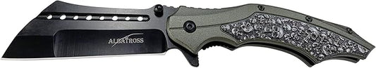 ALBATROSS Folding Pocket Knife, 3" Black Blade, 4.75" Aluminum Handle with the skull pattern, Liner Lock (Gray)