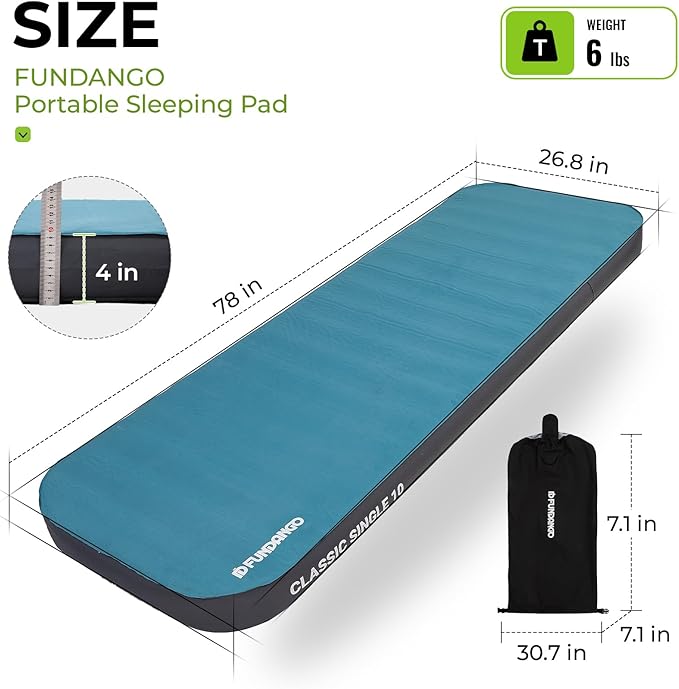 FUNDANGO Self Inflating Sleeping Pad, 4" Thick Camping Mattress with Pump Sack, 4-Season Sleeping Pad for Camping, 8.7 R-Value Insulated Camping Bed for Tent Car Truck Van, Single