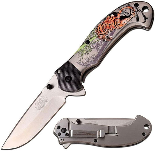 Masters Collection MC-A042SG Full Color with Pocket Clip Tiger Art Silver Stainless Handle, 4.5"