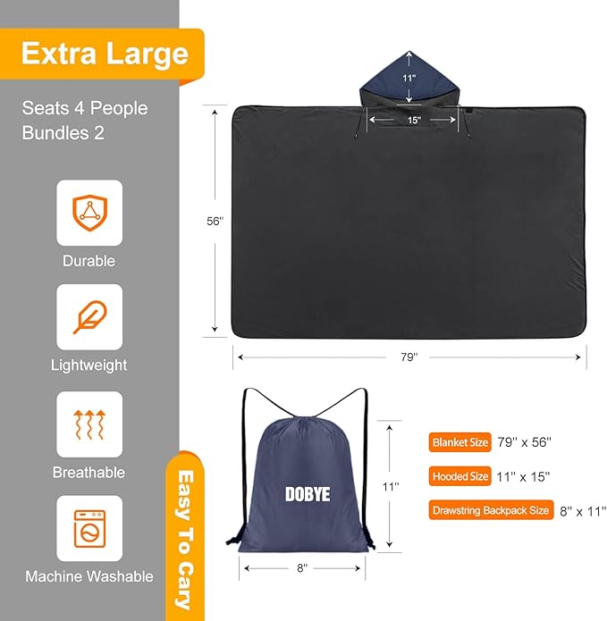DOBYE Hooded Stadium Blanket, Large Waterproof Outdoor Fleece Blanket, Windproof Wearable Portable Warm Mat for Camping