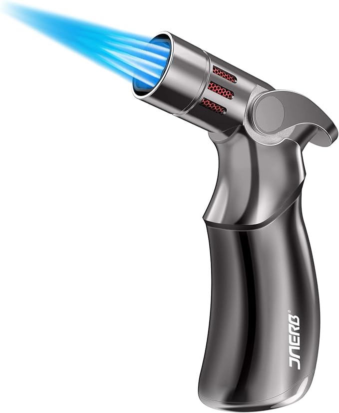 Torch Lighter, Adjustable 4 Jet Flame Refillable Butane Fuel Lighter Windproof Mini Butane Torch Lighter for Grill BBQ Gas Fireplace Fire Camping (Butane Gas Not Included) (Black)