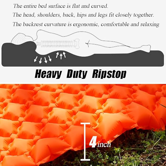 Sleeping Pad for Camping, Inflatable Sleeping Mat with Pillow, Camping Pad with Built-in Foot Pump, Lightweight Camping Mattress Pad for Car Camping, Backpacking, Tent and Hiking (Full (Orange))