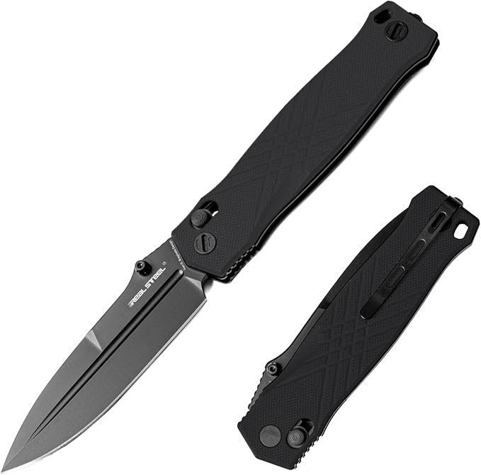 Real Steel Muninn Slide Lock Folding Pocket Knife - 3.62" VG-10 Black Blade, Milled Black G10 Handle - Perfect for Camping, Hiking, Daily Cutting Tasks - EDC Knife for Men Women - Black