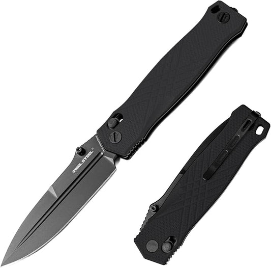 Real Steel Muninn Slide Lock Folding Pocket Knife - 3.62" VG-10 Black Blade, Milled Black G10 Handle - Perfect for Camping, Hiking, Daily Cutting Tasks - EDC Knife for Men Women - Black