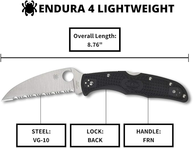 Spyderco Endura 4 Lightweight Signature Knife with 3.78" VG-10 Steel Wharncliffe Blade and Black FRN Handle - SpyderEdge - C10FSWCBK