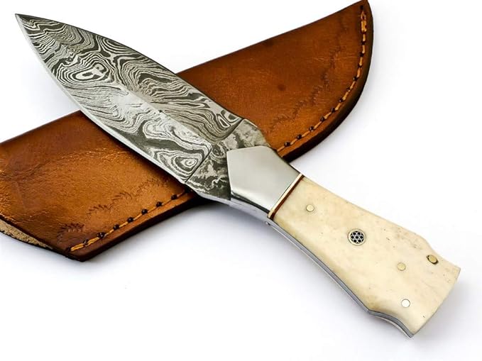 Rare Custom Damascus Dagger Knife Hunting Knife Outdoor Knife Camping Knife | Camel Bone Handle with Free Genuine Leather Sheath (S-6464)