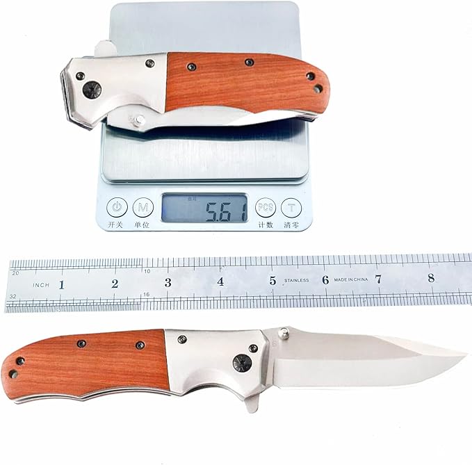 Pocket Folding Knife with 3.5”Stainless Steel blade and wood handle -Folding hunting camping Knife with liner-lock and pocket clip