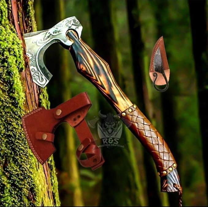 R&S Industries Custom Gift Forged Carbon Steel Viking Axe with Rose Wood Shaft, Viking Bearded Camping Axe, Best Birthday for Him