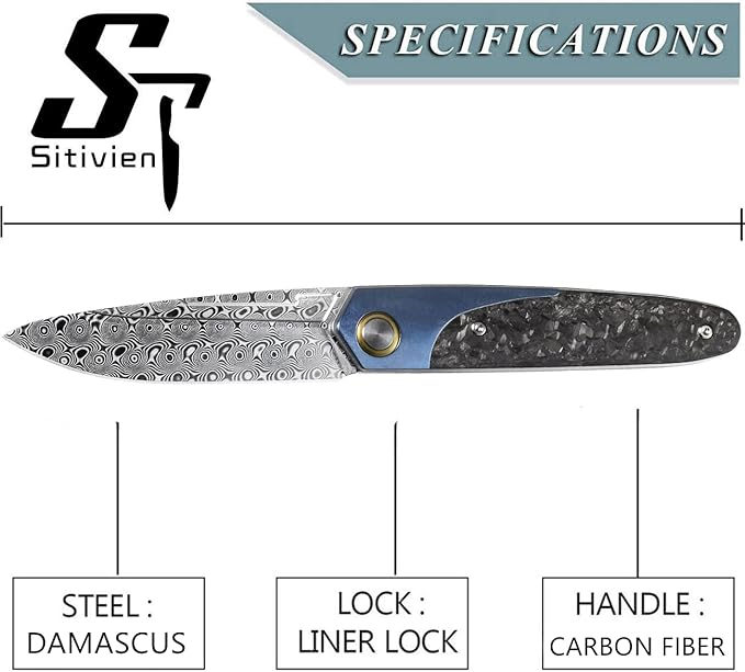 Sitivien ST245 Damascus Steel Folding Knives with Liner Lock, Ball Bearing,Titanium Carbon Fiber Handle EDC Damascus Knife for Men Women(Blue) … …
