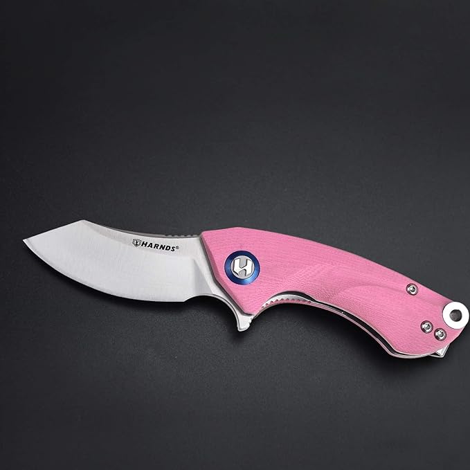 Harnds Ballet Folding Knife with Sandvik 14C28N Blade Camping Pocket Knife with Deep Carry Pocket Clip G10 Handle Flipper Open Liner Lock EDC (pink)
