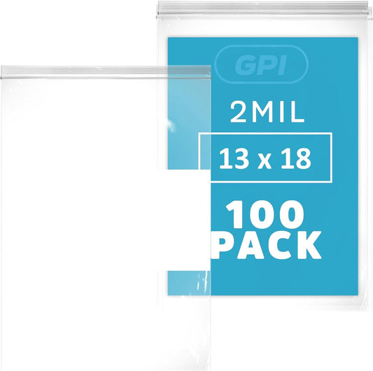 13" x 18" Extra-Large Zip Bags, 2 Mil Thick Clear Plastic Reclosable Zipper Lock Bags with Write-on White Block, with Resealable Zip Top Lock for Food Storage & Office Supplies, 100 Count