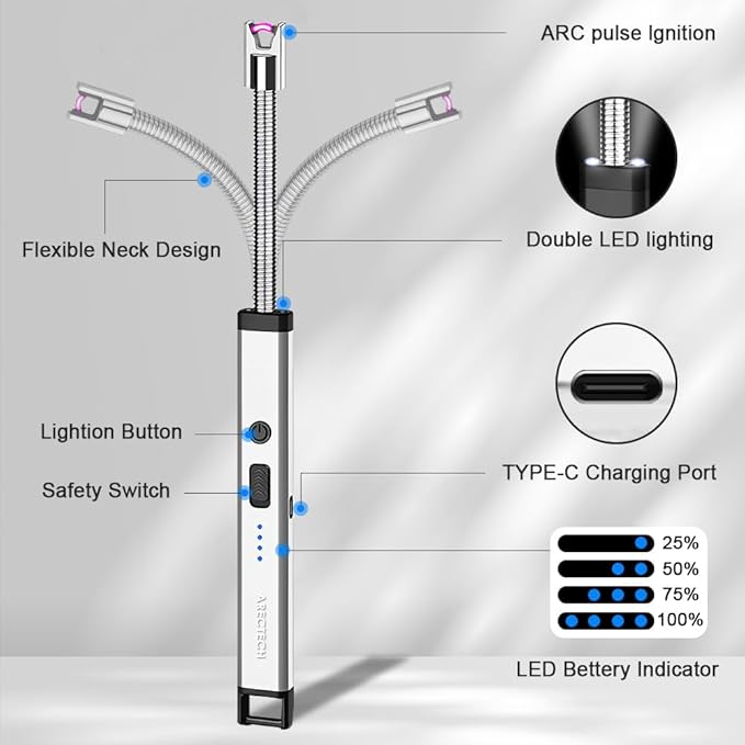 ARECTECH Lighter Candle Lighter Electric Lighter Rechargeable USB Arc Lighters for Candle Camping Fireworks Christmas Birthday Gifts with LED Light for Men Women Silver