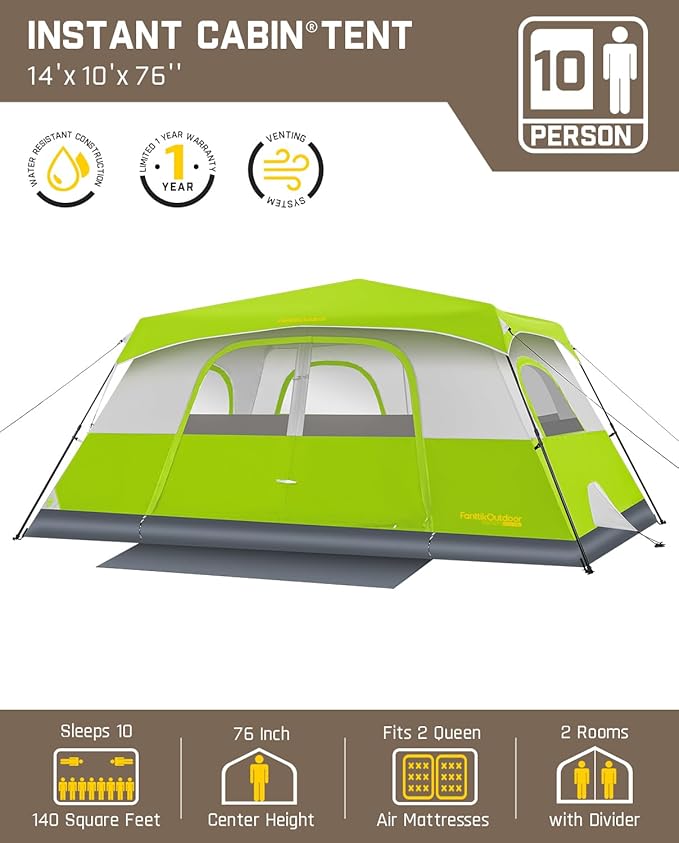 FanttikOutdoor Camping Tent 4/6/8/10 Person Instant Cabin Tent Setup in 60 Seconds with Rainfly & Windproof Portable with Carry Bag for Family Camping & Hiking