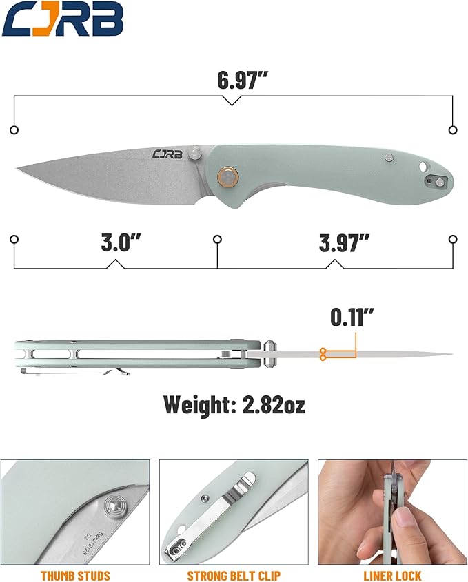 CJRB CUTLERY Folding Knife Feldspar Pocket Folding Knife Stonewash D2 Steel Blade G10 Tactical Handle EDC Knife Green (J1912)