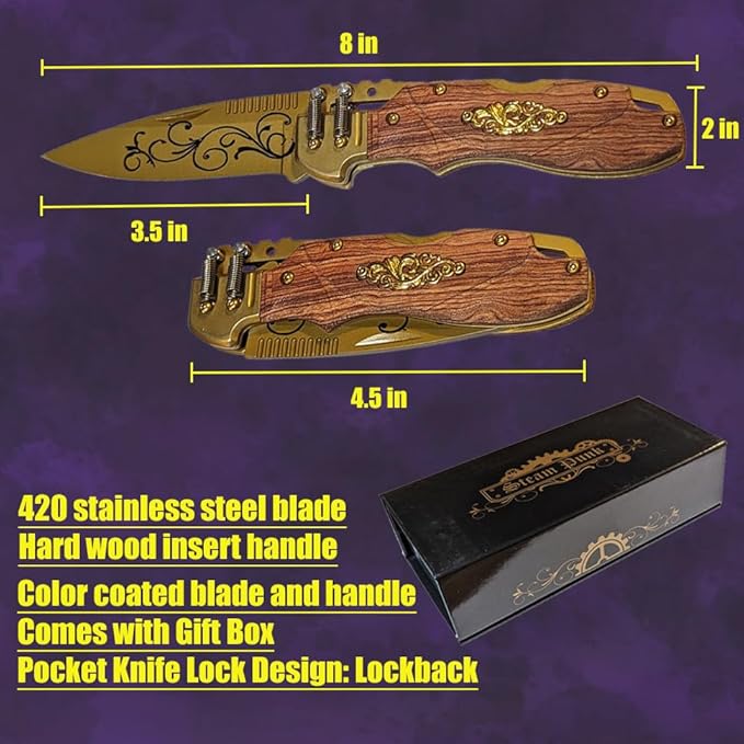 NLX 8" Steampunk Design Lockback Pocket Folding Knife With Coated 420 Stainless Steel Blade. For Collection, Everyday Ccarry and Outdoor Activity Tool Knife (Damascus)