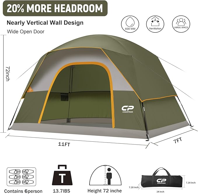 CAMPROS CP Tents for Camping 6 Person Waterproof Windproof Double Layer Family Camping Tent, Easy Setup Dome Tent with Large Mesh Windows & Wider Door for Outdoor Camping & Hiking
