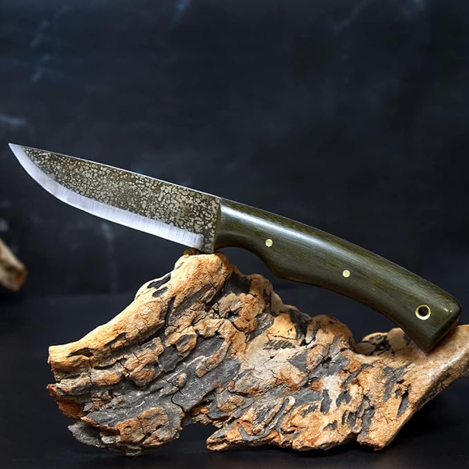 PKS Pathfinder Knife Shop Scorpion Bushcraft Camping Survival Carbon Steel Fixed Blade Knife - Leather Sheath - Made In USA (OD Micarta)