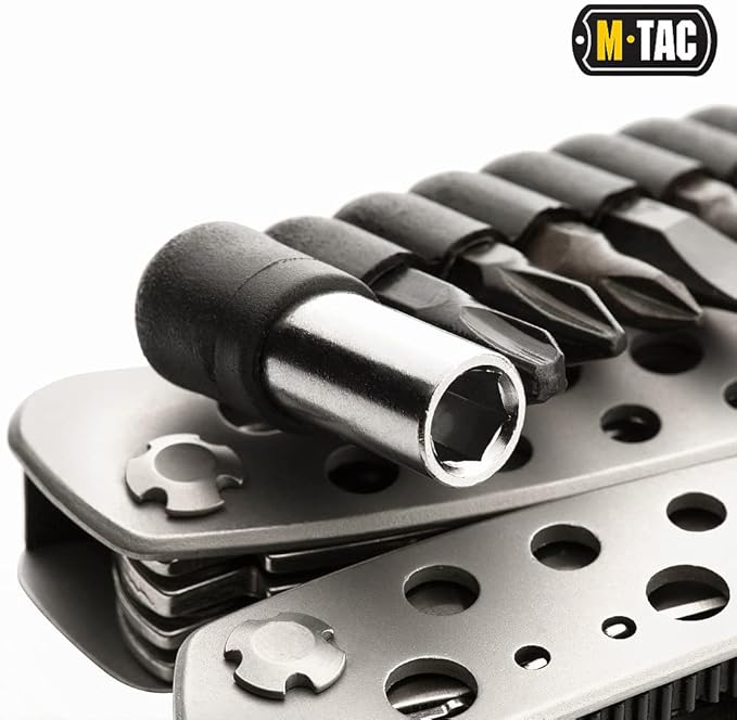 M-Tac Type 1 Multitool Screwdriver with 9 bits - 11-in-1 Stainless Steel Utility Tools with Knife Saw Pliers - EDC Outdoor Multi Tool in Nylon Case (Gray)