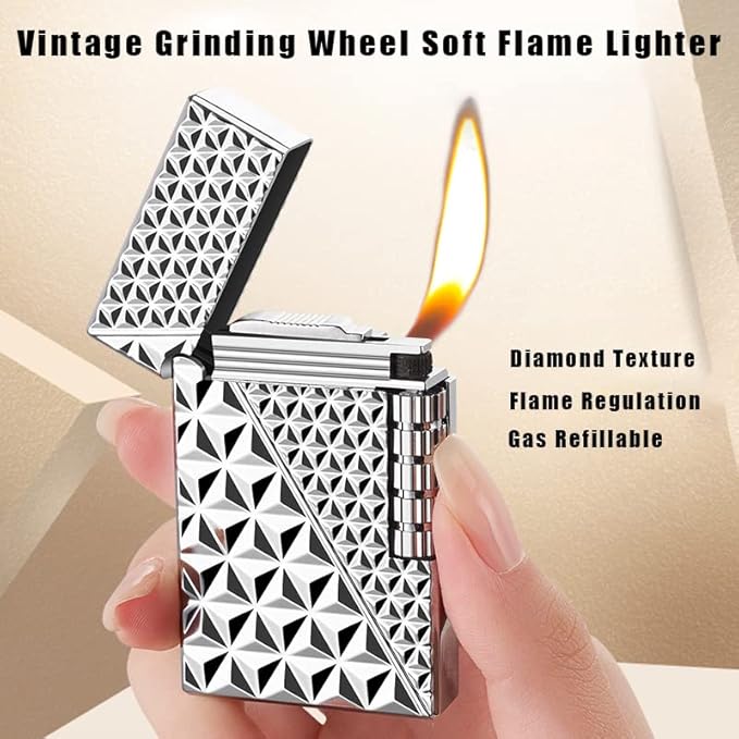 Lighters Soft Flame Lighter Traditional Flame Cigar Lighter with Adjustable Flame Dial Vertical Ignition Roller Good for Gift Outdoor Camping Hiking Fishing Grill Adventure Candle (Silver02)