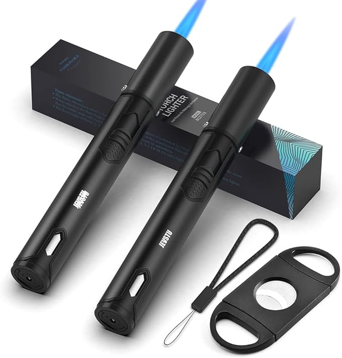 Butane Lighter, 2 Pack Torch Lighter with Fuel Level Window, Adjustable Fire Jet Torch Windproof Lighter Long for Grill Cooking Candle, Black (Gas not Included)