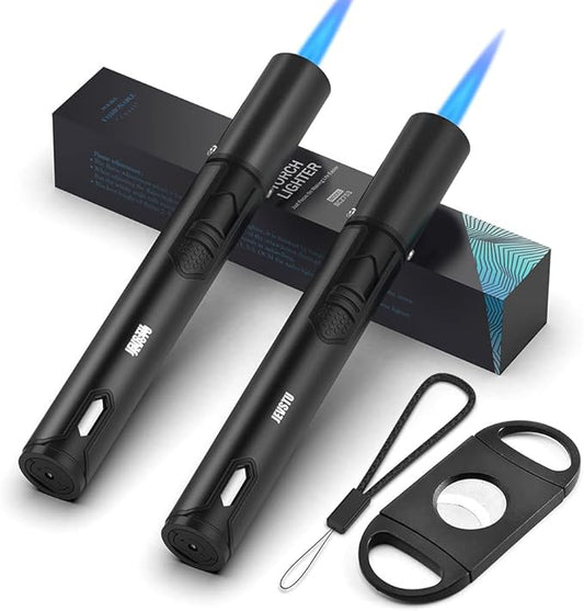 Butane Lighter, 2 Pack Torch Lighter with Fuel Level Window, Adjustable Fire Jet Torch Windproof Lighter Long for Grill Cooking Candle, Black (Gas not Included)