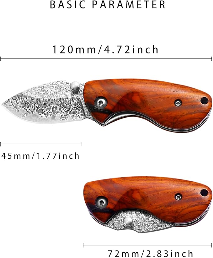 Small Folding Pocket Knife (KF1), 1.77 Inch Damascus Steel Blade with Thumb Stud. EDC Knife with Rosewood Handle and Liner Lock, 2.39 oz, Red