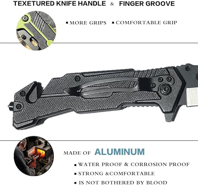 HELLOWZXD Folding Pocket Knife - Glass Breaker,Strap Cutter,7mov13 Stainless Steel Tanto Folding Knives - Smoothy Ball Bearing,Aluminum Handle w Clip EDC Knife for Survival Camping Hiking